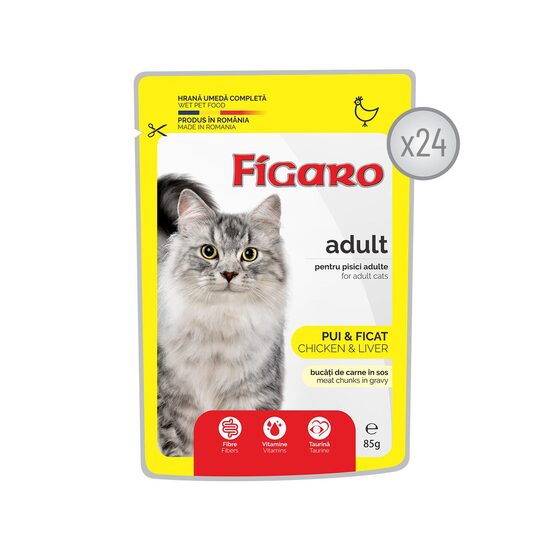FIGARO HRANA UMEDA COMPLETA CU PUI SI FICAT PENTRU PISICI ADULTE - 24 PLICURI x 85G