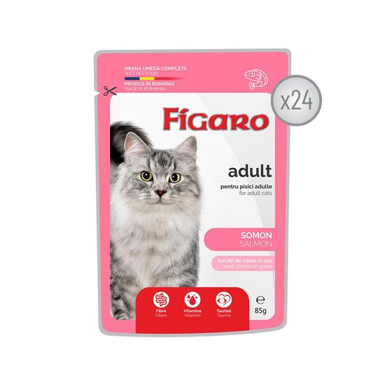 FIGARO HRANA UMEDA COMPLETA CU SOMON PENTRU PISICI ADULTE - 24 PLICURI x 85G