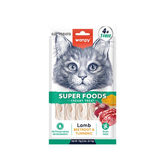 WANPY RECOMPENSE PENTRU PISICI SNACK CREMA SUPERFOODS CU MIEL DISPLAY (12 PACHETE X 5 PLICULETE X 14 G)