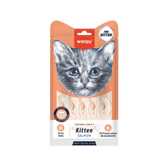 WANPY RECOMPENSE PENTRU PISICI JUNIOR SNACK CREMA CU SOMON DISPLAY (12 PACHETE X 5 PLICULETE X 14 G)