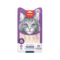 WANPY RECOMPENSE PENTRU PISICI STERILIZATE SNACK CREMA CU CURCAN & MERISOARE DISPLAY (12 PACHETE X 5 PLICULETE X 14 G)