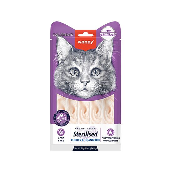 WANPY RECOMPENSE PENTRU PISICI STERILIZATE SNACK CREMA CU CURCAN & MERISOARE DISPLAY (12 PACHETE X 5 PLICULETE X 14 G)