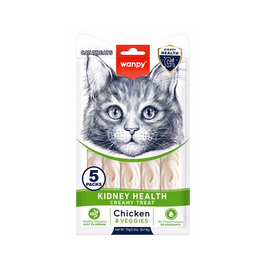WANPY RECOMPENSE PENTRU PISICI SNACK CREMA RENAL HEALTH CU PUI DISPLAY (12 PACHETE X 5 PLICULETE X 14 G)