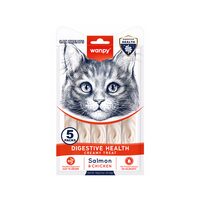 WANPY RECOMPENSE PENTRU PISICI SNACK CREMA DIGESTIVE HEALTH CU SOMON & PUI DISPLAY (12 PACHETE X 5 PLICULETE X 14 G)
