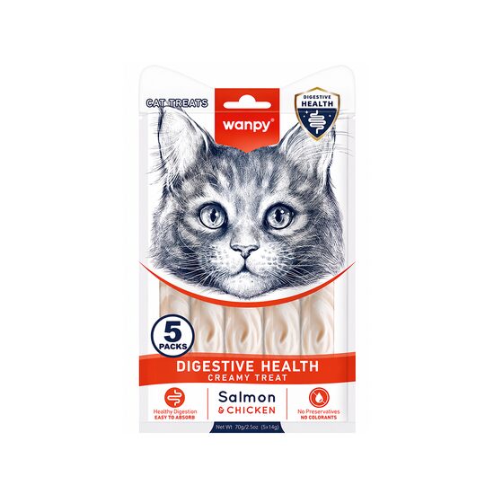 WANPY RECOMPENSE PENTRU PISICI SNACK CREMA DIGESTIVE HEALTH CU SOMON & PUI DISPLAY (12 PACHETE X 5 PLICULETE X 14 G)